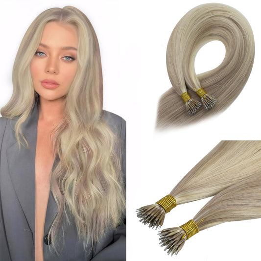 Sunny Hair Nano Bead Human Hair Extensions 24Inch Nano Hair Extensions #18 Ash Blonde Highlight With #613 Bleach Blonde Invisibl