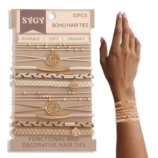 10 Boho Bracelets, Braided & Stretch Hair Ties For Thick/Thin Hair, 5 Styles, Light Coffee Colors - No Damage Ponytail Holders