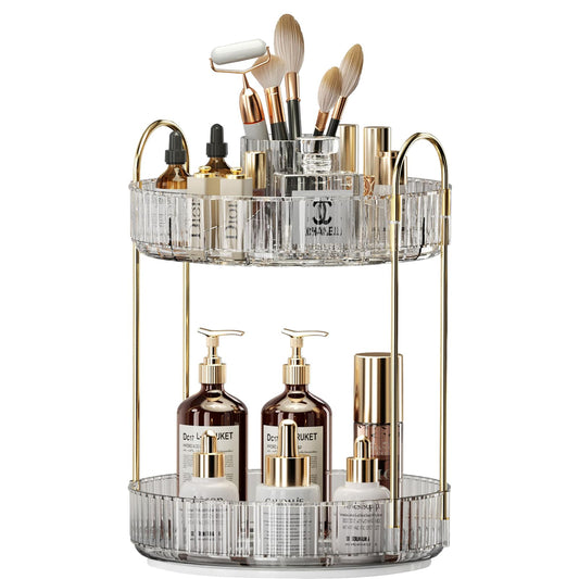 360 Rotating Makeup Organizer, Large-Capacity Skincare Make Up Storage 2 Tier Perfume Organizers Cosmetic Dresser Organizer With