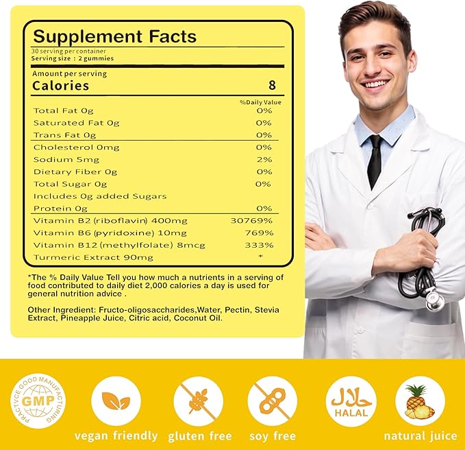 Vitamin B2 Gummies Riboflavin 400mg for Wen & Kids b2 Vitamins Chewable Gummies for Adults Supplement with B Complex Nervous System Support,Vegan,Sugar-Free,Pineapple Flavor, 60 Count