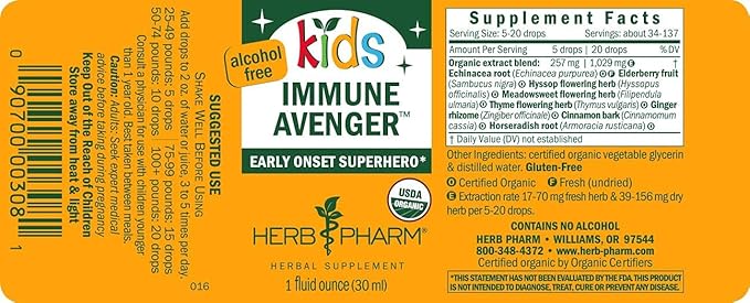 Herb Pharm Kids Certified-Organic Alcohol-Free Immune Avenger Herbal Formula, 1 Ounce (Pack of 2)