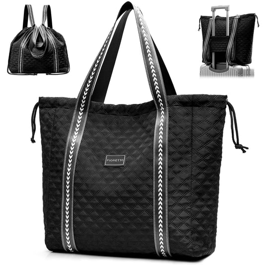 FIORETTO Womens Quilted Travel Tote Bag Duffle Bag with Trolley Sleeve, Gym Weekender Overnight Hospital Bag with Double Shoulder Strap, Water-Resistant Carry On Hand luggage Bag Holdall Black