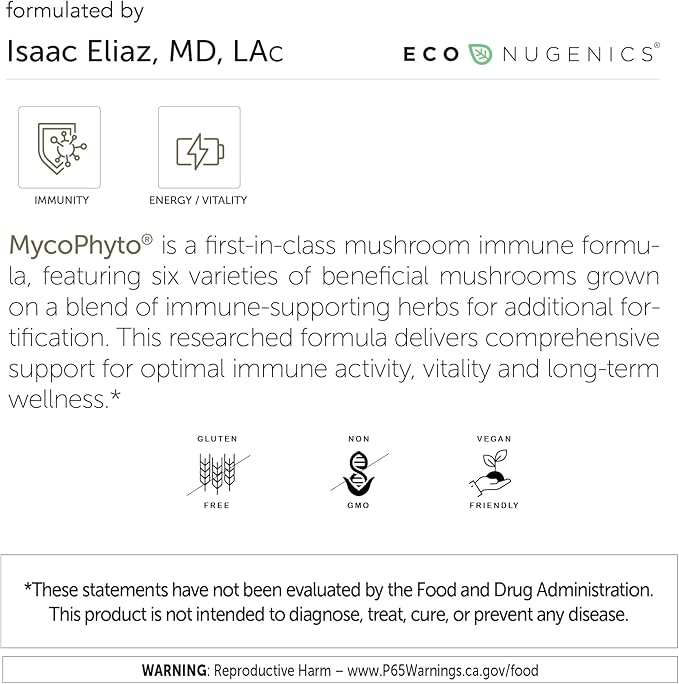 EcoNugenics MycoPhyto Mushroom Complex 120 Gram Powder - Immune System Support Mushroom Blend Supplement - Cardio, Liver & Nootropic Brain Support