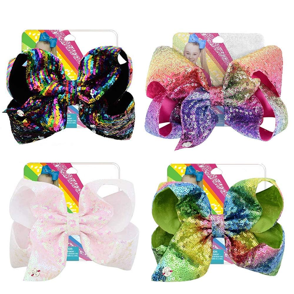 4Pcs/8 inch Glitter Sequin Bows for Girls Gift, Kalolary Large Hair Bows Alligator Clips Grosgrain Ribbon Hair Barrettes Accesso