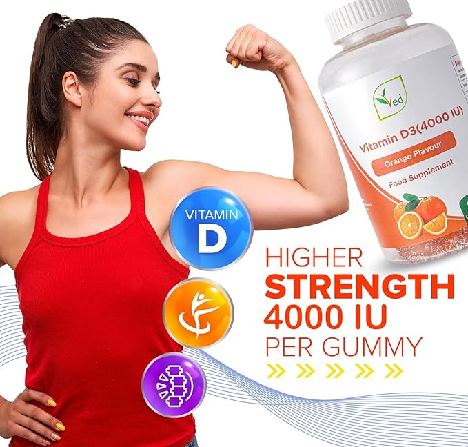 Ved Vitamin D3 Gummies for Adults 4000IU, Non GMO- Gluten Free, Orange Flavour -High Strength 90 Chewable Gummies (3 Month Supply)