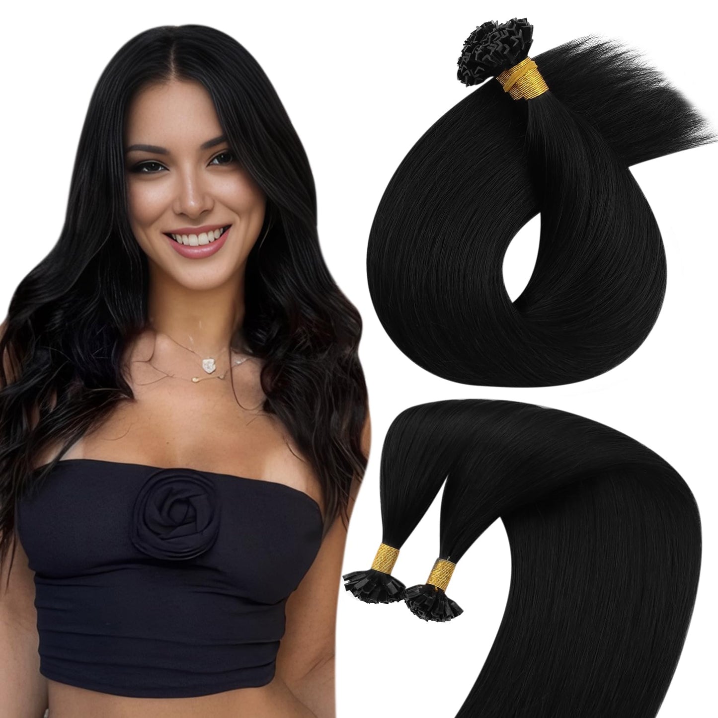 Sunny Hair Black K Tip Hair Extensions Real Human Hair Easy To Install 22Inch Ktip Human Hair Extensions Jet Black Keratin Hair