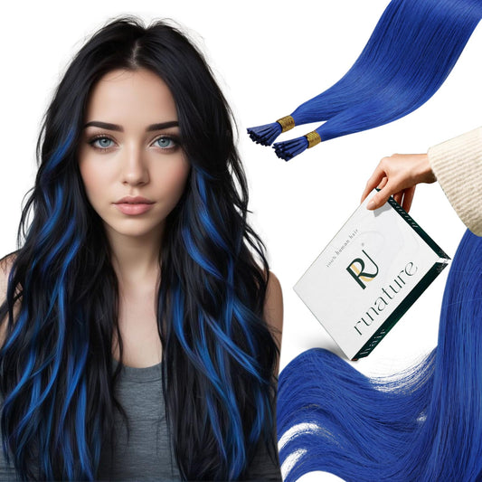 RUNATURE I Tip Hair Extensions Human Hair Blue 14 Inch Cold Fusion Pre Bonded Hair Extensions Blue Hair Extensions I Tip Extensions Colorful Itip Human Hair Extensions 14 Inch 20g