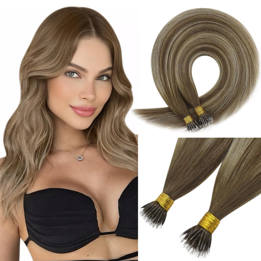 Sunny Hair Balayage Nano Bead Hair Extensions Brown Nano Extensions Human Hair Balayage Medium Brown To Platinum Blonde Nano Tip
