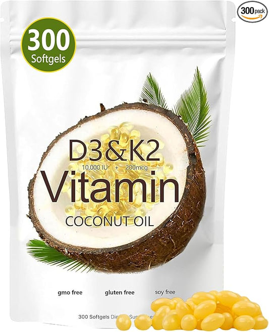 Vitamin D3 K2 Softgel, D3 K2 Vitamin 10000 IU, 10000 IU VIT D3 + 200 MCG Vitamin K2, Free of GMO, Gluten, Soy, Bone Health, Supports Calcium Absorption, 300 Gels