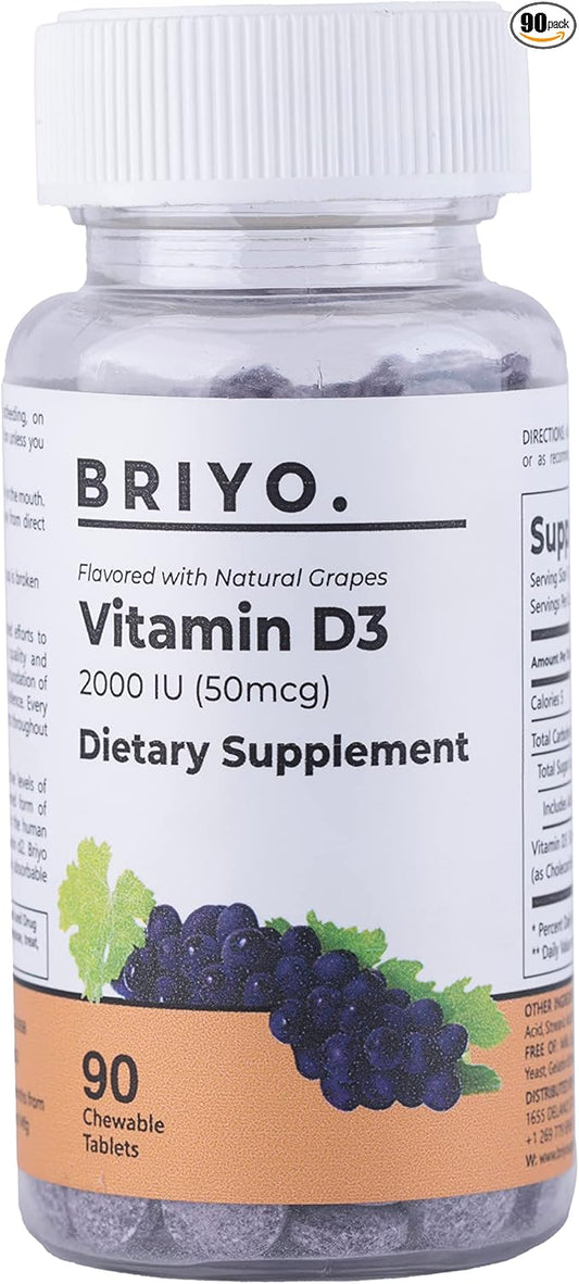 Briyo Vitamin d3 chewable Tablet - 2000 IU (50 mcg Per Serving) - Delicious Natural Grape Flavor, 90 Count
