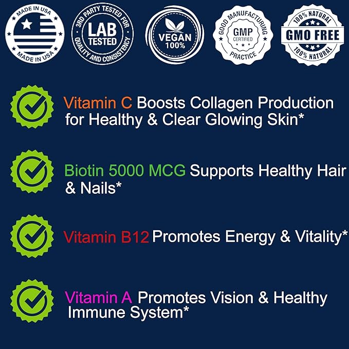 Hair Skin and Nails Gummies - Supports Healthy Hair, for Men & Women, Vegan Biotin Vitamins, Hair Growth, Stronger Nails, Healthy Skin, Made in USA, 60 Count