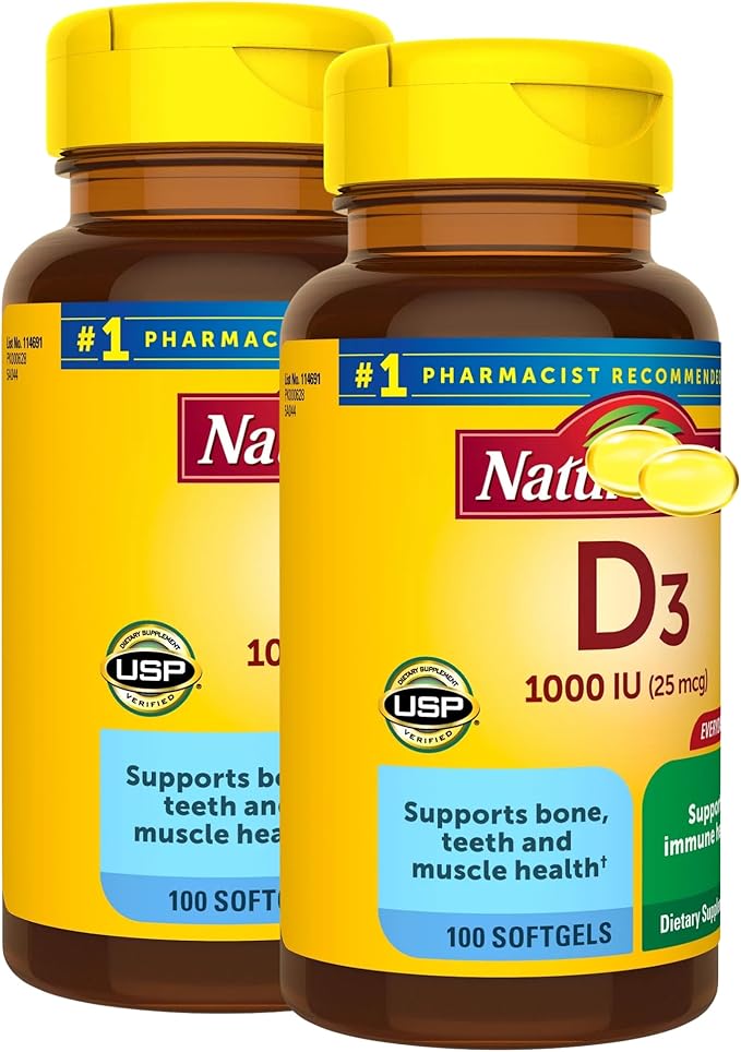Vitamin D3 1000IU (25 mcg) Softgels, Dietary Supplement for Immune Health Support 100 Softgels (Pack of 2)