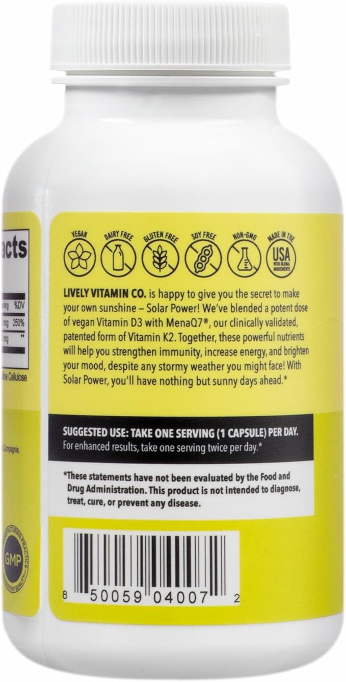 LIVELY VITAMIN CO. Solar Power Vitamin D3 2000 iu - Patented Vitamin K - MK7 - Immune Balance - Brain Function - Mood - Heart - Stress - 60 Count