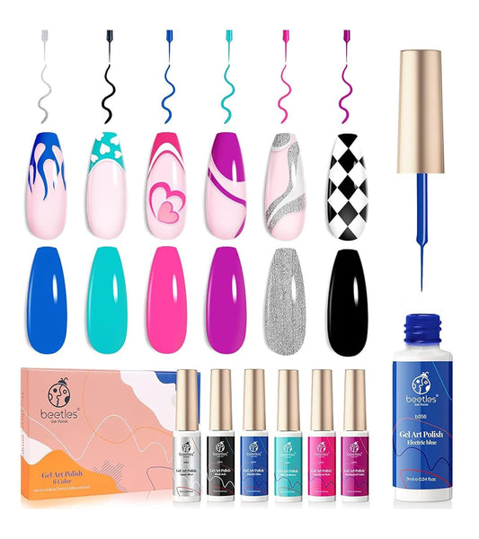 Beetles Gel Liner Nail Polish, 6 Colors Nail Art Paint For Swirl Nails Neon Blue Hot Pink Sliver Glitter Gel Polish Cyberpunk 'S