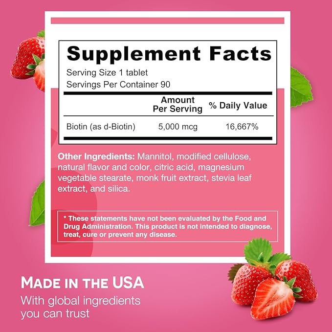 EZ Melts Dissolvable Biotin 5,000 mcg, Hair, Skin & Nail Support, Sugar-Free, 3-Month Supply