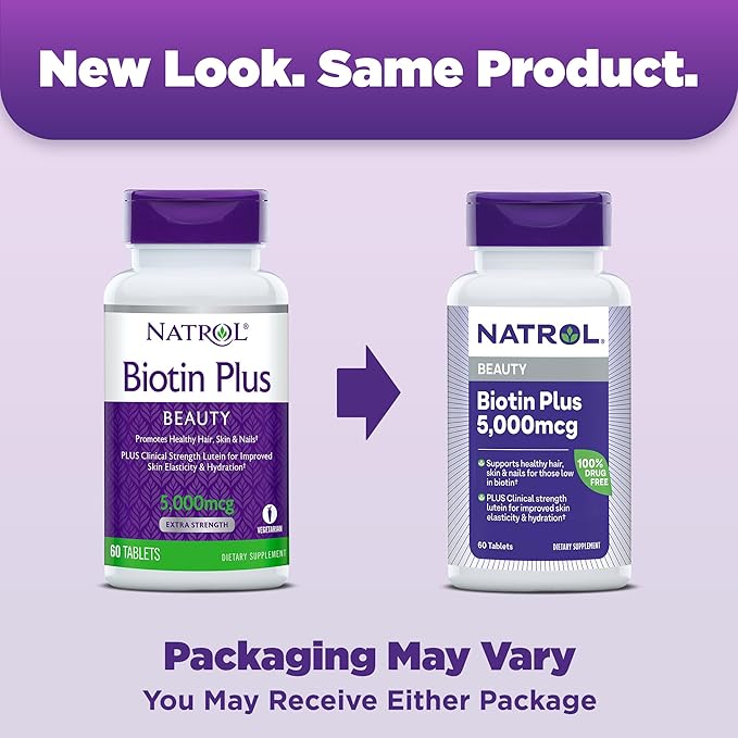 Natrol Beauty Biotin Plus Lutein 5,000 mcg, Dietary Supplement to Support Healthy Hair, Skin and Nails, 60 Beauty Tablets for Adults, 60 Day Supply