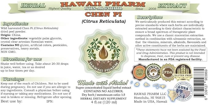 Chen Pi Alcohol-Free Liquid Extract, Chen Pi, Tangerine (Citrus Reticulata) Peel Glycerite Hawaii Pharm Natural Herbal Supplement 64 oz