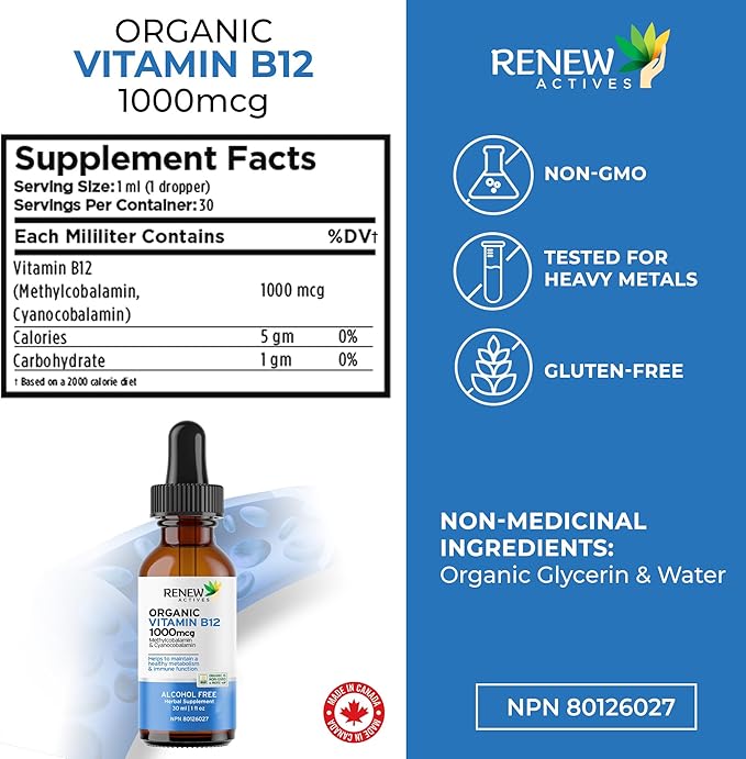 Renew Actives Premium B12 Liquid Extract Supplement 1000MCG per 1 ml – Vegan Drops with High-Potency Complex for Healthy Skin, Strong Nails, Vibrant Hair & Immune Support– Made in Canada - 30 ml