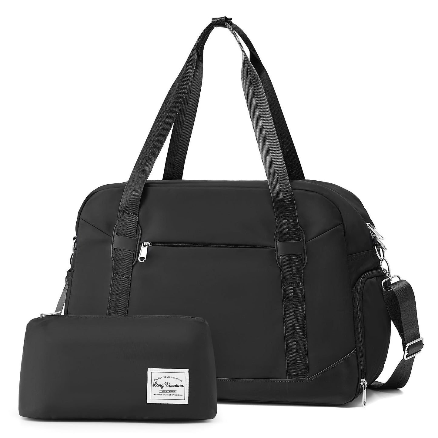 LONG VACATION Women's Travel Duffel Bag with Toiletry Bag, Sports Gym Bag Weekendeer Carry-on Tote with Shoe Compartment and Wet Pocket, Yoga Bag Fit 15.6inch Laptop (BLACK, 18-inch)