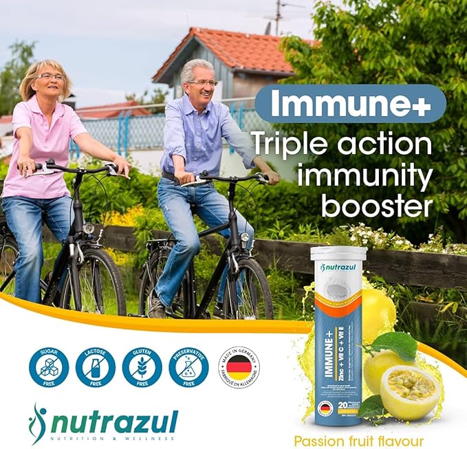 nutrazul Immune+ Effervescent Tablets | Vitamin C and Zinc with Vitamin E | 20 Tablets | Immune Support for Adults & Kids | Ideal for Flu Season Protection | Passion Fruit Flavor