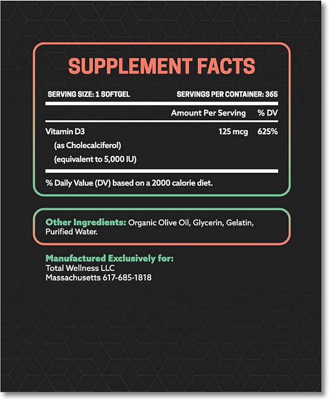 Vitamin D3 5000IU Cholecalciferol - Superior Bone & Muscle Support - 365 Softgels - Made in USA