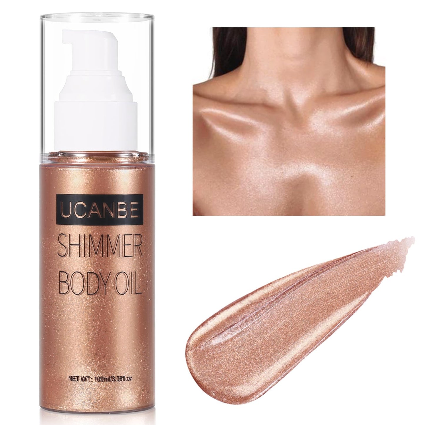 UCANBE Body Shimmer Oil 100ml, Moisturizing Body Glow Glitter Oil, Waterproof Shimmering Body Luminizer Liquid Illuminator Highlighter, Tinted Shimmer Body Lotion Glowing Bronzer Makeup(Rose Gold)