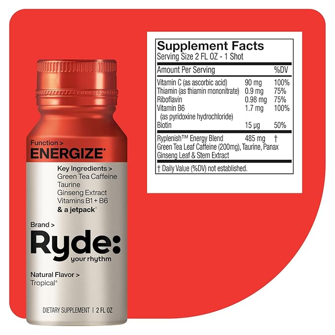 Ryde: Energize Shot | Tropical Flavor | Green Tea Caffeine, Taurine, Ginseng Extract & B Vitamins | 0 Calories, 0 Sugar | 2 FL OZ Shots | Boosts energy* (8 Pack)