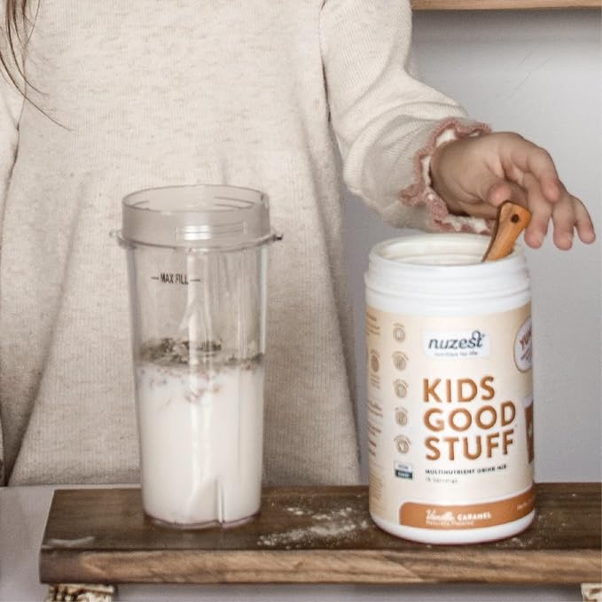 Nuzest - Kids Good Stuff - Vegan Smoothie Mix - Vanilla Caramel - Multivitamin Nutritional Supplement Protein Shake - Dairy Free - Supporting Growth and Development - 225g/ 7.9 oz (15 Servings)