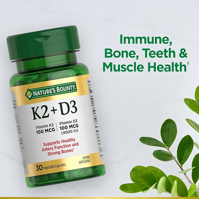 Nature's Bounty Vitamin D3 K2 Supplement, 4000 IU Vitamin D3 Plus 100 mcg of Vitamin K for Heart & Bone Health Support, 30 Day Supply, 30 Vegetarian Capsules, K2 + D3 Supplements for Adults