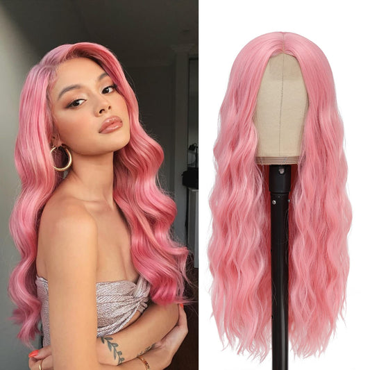 Ybymcai Pink Wig - Long Pink Wavy Wigs For Women Middle Part Pastel Pink Wig 26 Inch Natural Curly Synthetic Wig Heat Resistant
