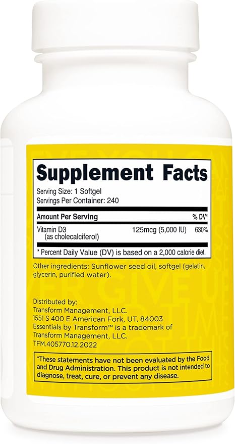 TransformHQ Vitamin D3 5000 IU (125mcg) 240 Softgels - Vitamin D Supplement, Gluten Free, Non-GMO