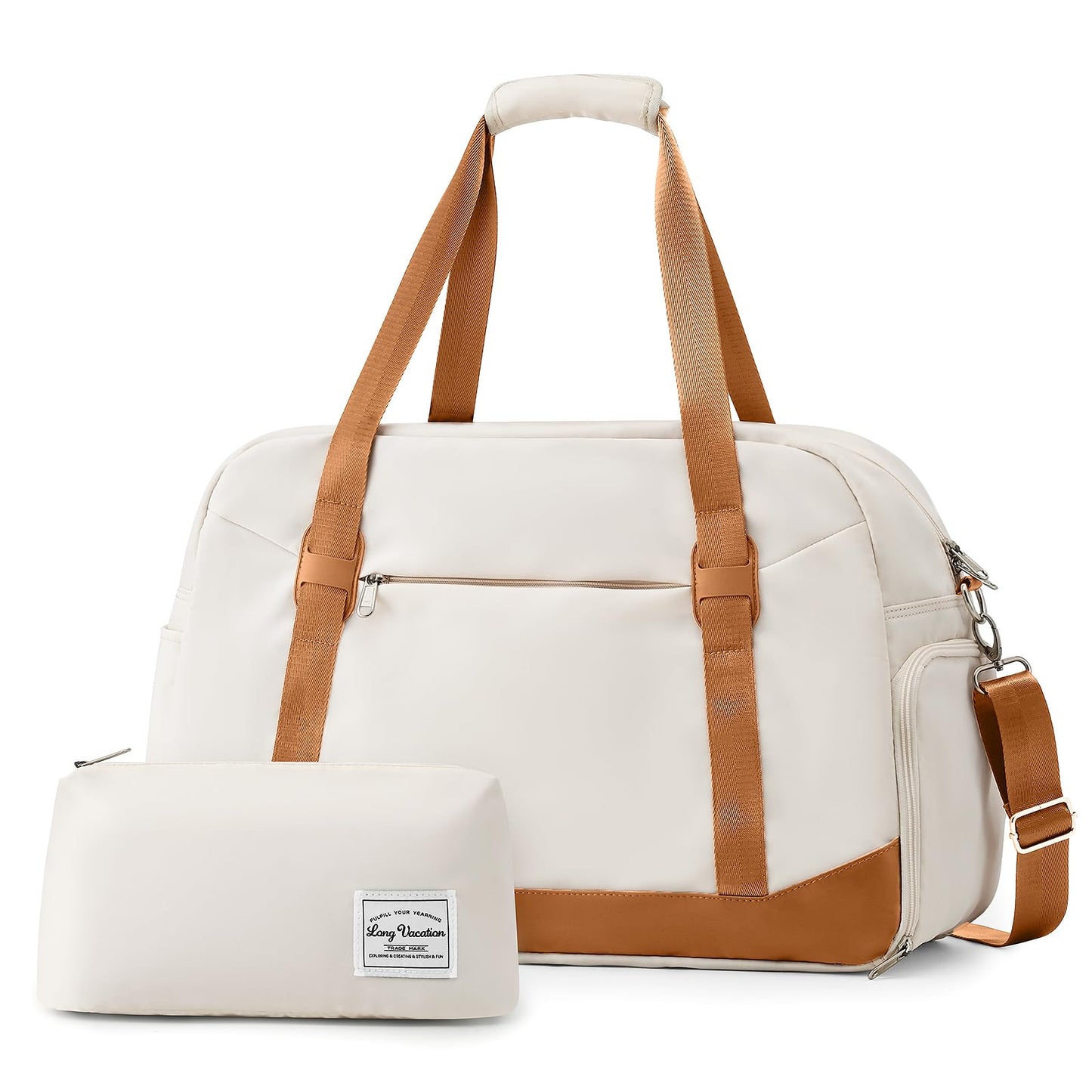 LONG VACATION Women's Travel Duffel Bag with Toiletry Bag, Sports Gym Bag Weekendeer Carry-on Tote with Shoe Compartment and Wet Pocket, Yoga Bag Fit 17.3inch Laptop (BEIGE & BROWN, 21-inch)