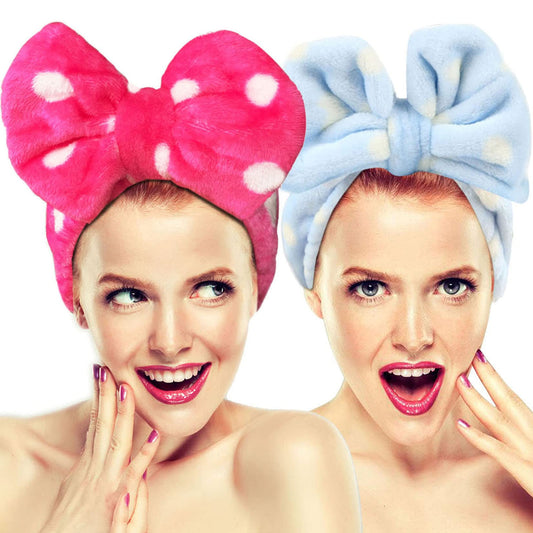 Hairizone 2 Pack Makeup Headbands For Washing Face Shower Spa, Soft And Cute Big Bow Hair Bands For Women And Girls (Light Blue/
