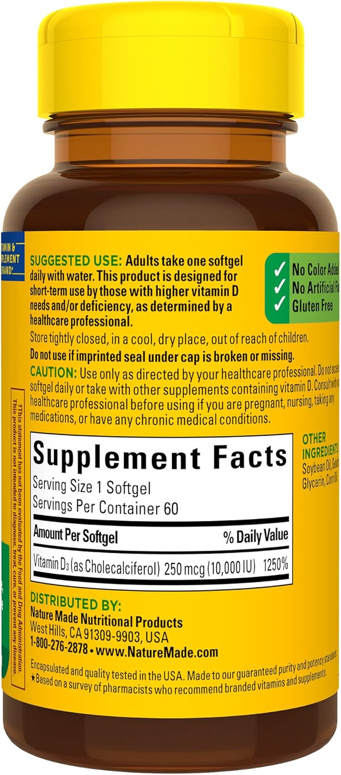 Nature Made Maximum Strength Vitamin D3 10000 IU (250 mcg), Dietary Supplement for Bone, Teeth, Muscle and Immune Health Support, 60 Softgels, 60 Day Supply (Pack of 2)
