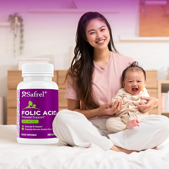Safrel Folic Acid 400 mcg - Vitamin B9-400 Tablets, Essential Prenatal and Postnatal Vitamin for Fetal Development, Red Blood Cell Production, Cell and Neural Development | Non-GMO, Vegan