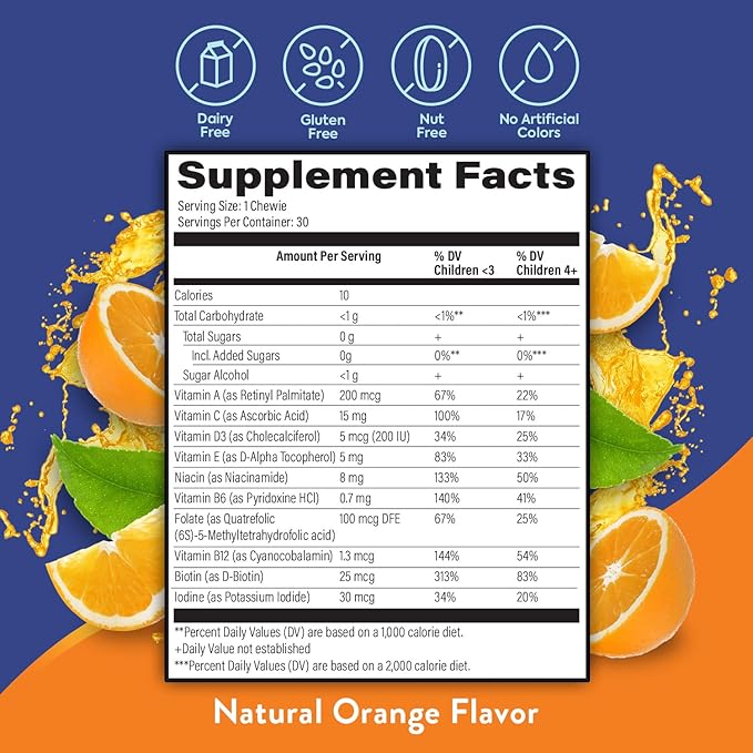 OmegaVia Sugar Free Kids Multivitamin Chewies - Daily Chewable Gummy Vitamins for Kids 3+, Vitamin A, C, D3, E, B6 & B12, Folate & More, Natural Orange Flavor, 30 Count