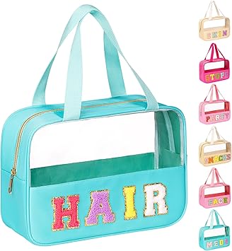 eurovicky Chenille Letter Patch Clear Makeup Bag, Preppy PVC&Nylon Bag with Handle and Zipper, Waterproof Large Travel Toiletry Storage for Women