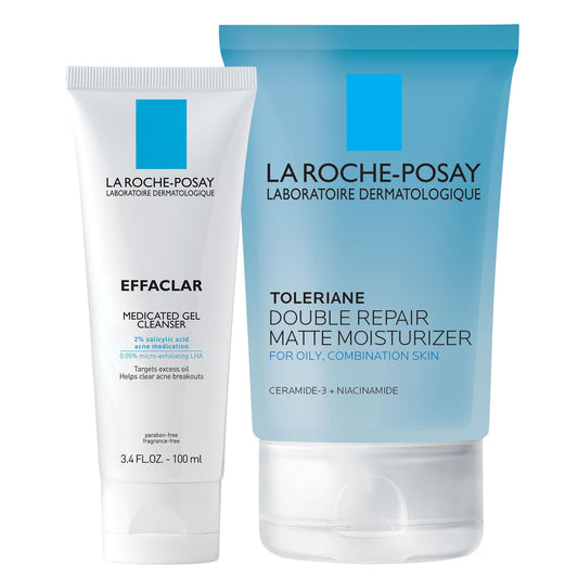 La Roche-Posay Acne Skin Care Set | Toleriane Double Repair Matte Moisturizer 75Ml & Effaclar Medicated Gel Cleasner 100Ml | Gel