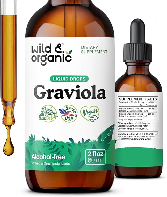 Wild & Organic Soursop Graviola Liquid Drops - Guanabana Leaves & Soursop Fruit Tincture for Antioxidant Support - Graviola Leaf Extract Supplement - Vegan, Sugar & Alcohol-Free - 2 fl oz