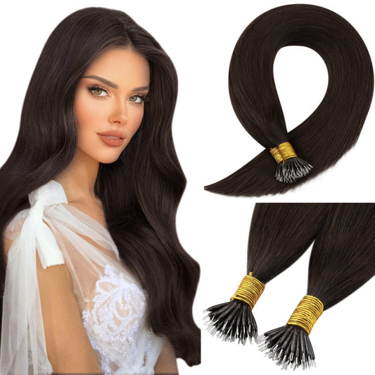 Sunny Hair Brown Nano Bead Hair Extensions Human Hair Brown Nano Tip Hair Extensions Human Hair #2 Darkest Brown Nano Ring Human