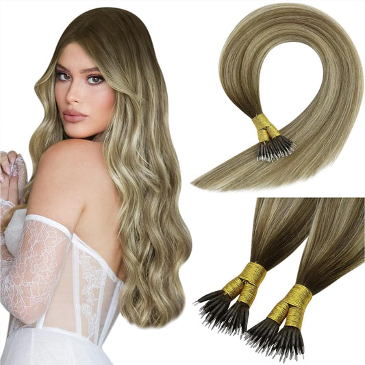 Sunny Hair Nano Hair Extensions Human Hair Brown Balayage Nano Tip Extensions Cool Brown Balayage Light Brown Mix Golden Blonde
