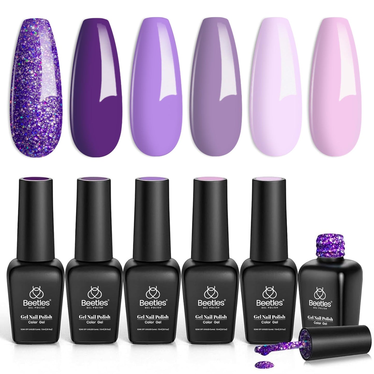 Beetles Purple Gel Nail Polish Set, 6 Colors Gel Polish Purple Glitter Pastel Pink Lavender Nail Polish Soak Off U V Led Gel Nai
