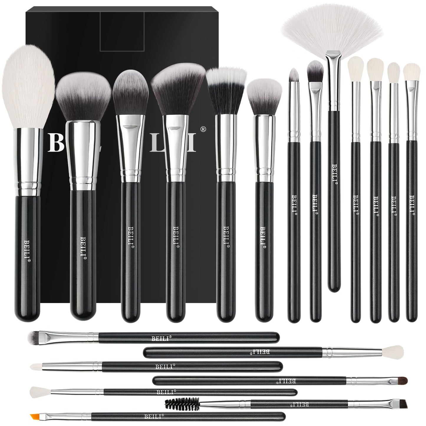 BEILI Makeup Brushes 20pcs Makeup Brush Set Premium Synthetic Kabuki Foundation Face Powder Fan Contour Concealer Eye Shadows Eyebrow Eyeliner Make Up Brush Tools Kit(Black)