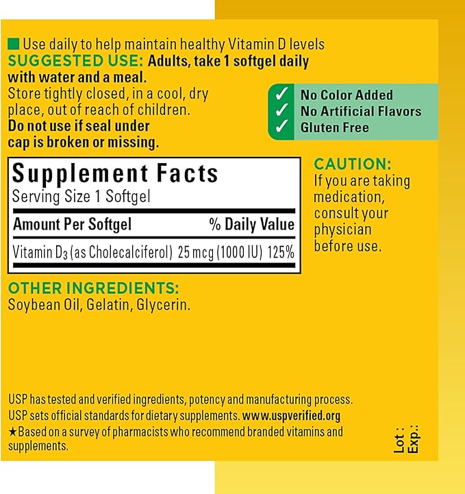 Vitamin D3 1000IU (25 mcg) Softgels, Dietary Supplement for Immune Health Support 100 Softgels (Pack of 2)