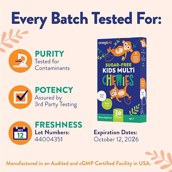 OmegaVia Sugar Free Kids Multivitamin Chewies - Daily Chewable Gummy Vitamins for Kids 3+, Vitamin A, C, D3, E, B6 & B12, Folate & More, Natural Orange Flavor, 30 Count