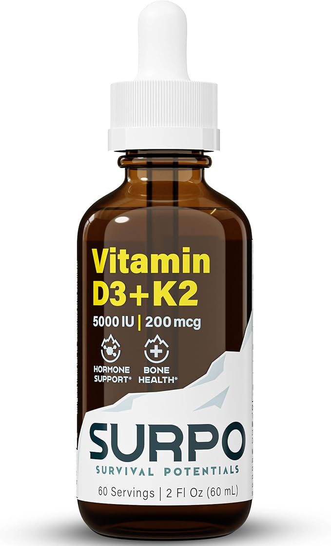 SURPO Vitamin D3 + K2 Liquid Drops with Omega 3 Oil - 5000 IU Vitamin D Drops K2 for Hormone Support & Bone Health - Liquid Vitamin D3 with K2 Drops for Maximum Absorption - 2Fl Oz Vitamin K2 D3