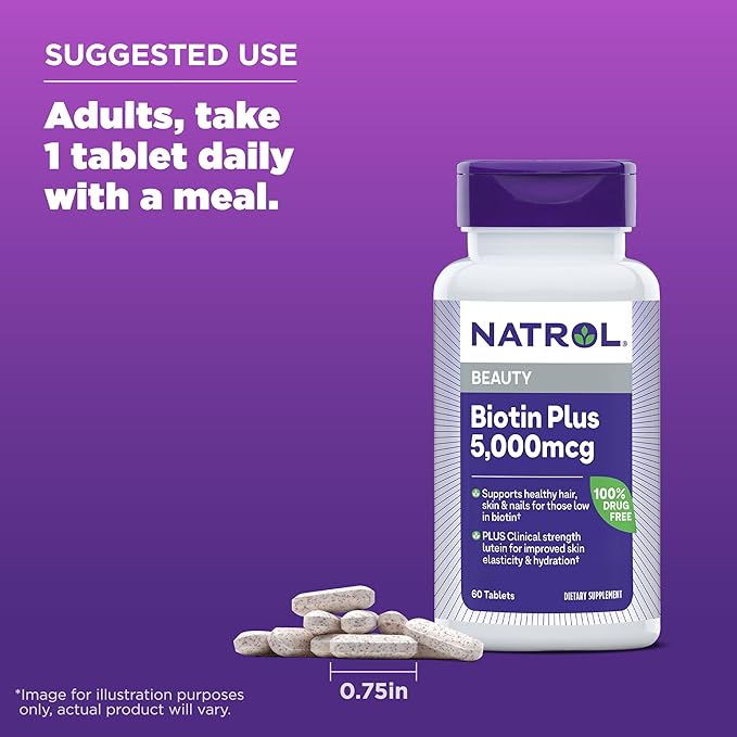 Natrol Beauty Biotin Plus Lutein 5,000 mcg, Dietary Supplement to Support Healthy Hair, Skin and Nails, 60 Beauty Tablets for Adults, 60 Day Supply