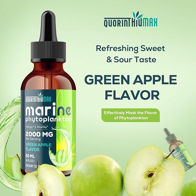 Marine Phytoplankton Drops 2000mg - High Absorption Phytoplankton Supplement with Wheatgrass & Fo-ti for Cellular Wellness, Hair Growth, Energy & Immunity | Green Apple Flavor, 60ml (Pack of 2)