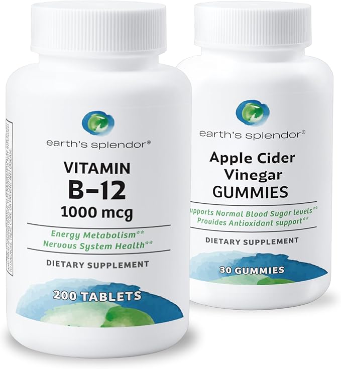 Earth's Splendor Energy & Wellness: Vitamin B12 Tablets for Metabolism Support + Apple Cider Vinegar Gummies for Energy