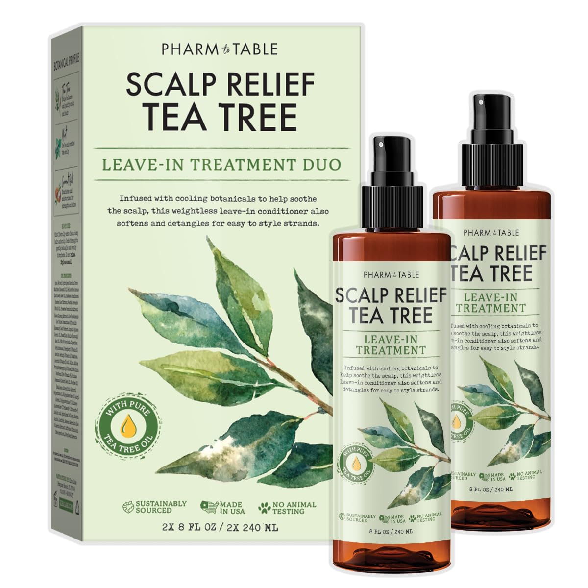 PHARM TO TABLE Scalp Relief Tea Tree Leave-In Conditioner, Relieve Itchy, Dry Scalp, Detangles Hair, 240ml/8 fl oz, 2-Pack